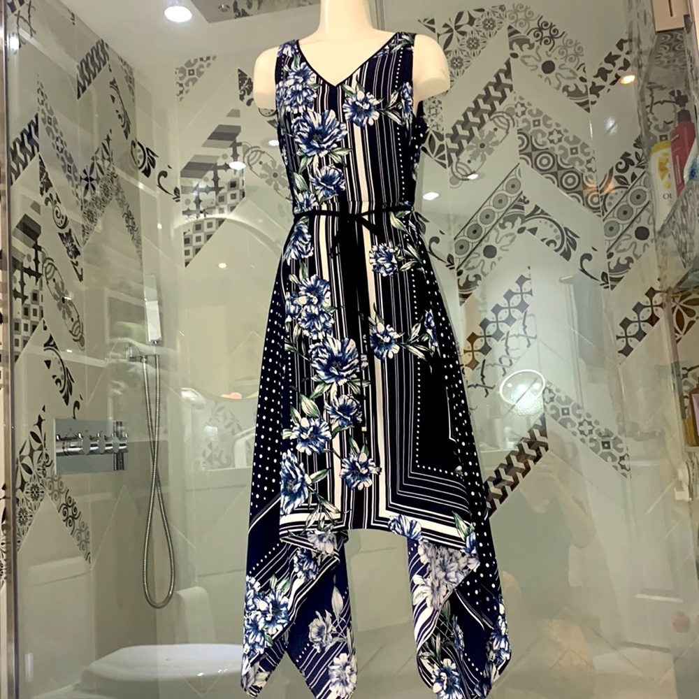 NWT 🌸JR Midnight Blue/Multi Floral Striped Kerchief Hem Midi Dress - Picture 5 of 16